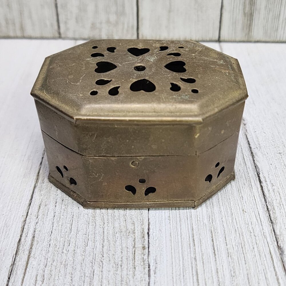 Vintage Solid Brass Octagon Cricket Trinket Jewelry Box Hinged Lid - India Made